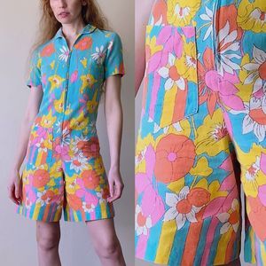 vintage 70s psychedelic flower print romper xs